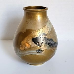 Vintage Fine Japanese Hand Cast Bronze Double Koi Fish Vase Rare